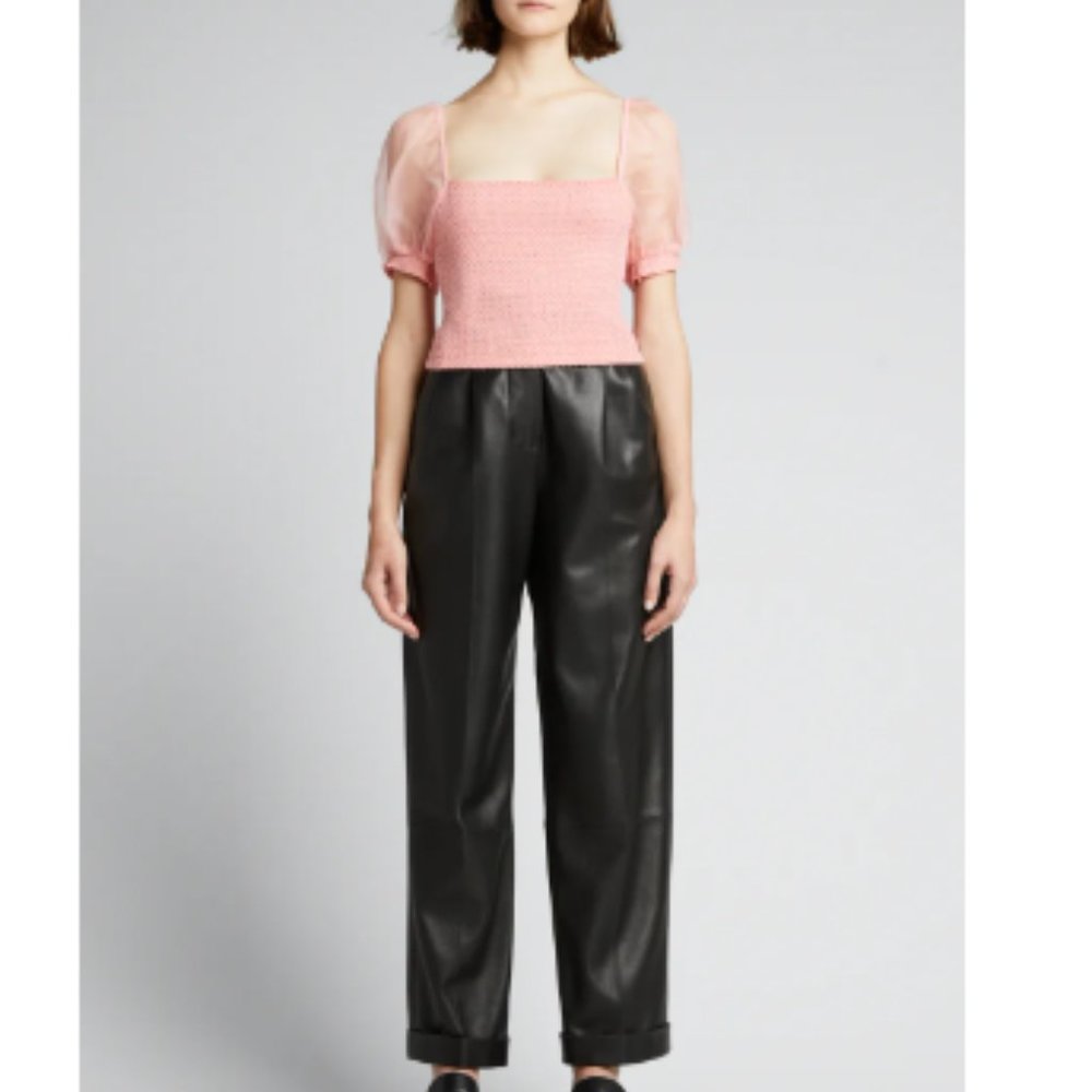 028. . NWT Alice + Olivia Eliana Puff-Sleeve Smocked-Bodice Crop Top - Picture 5 of 5